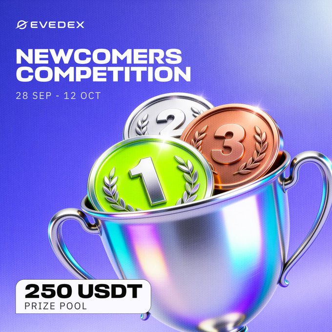 A promotional graphic for the EVEDEX 'Newcomers Competition' running from '28 SEP - 12 OCT' featuring a silver trophy filled with 1st, 2nd, and 3rd place medals and a '250 USDT PRIZE POOL' banner.