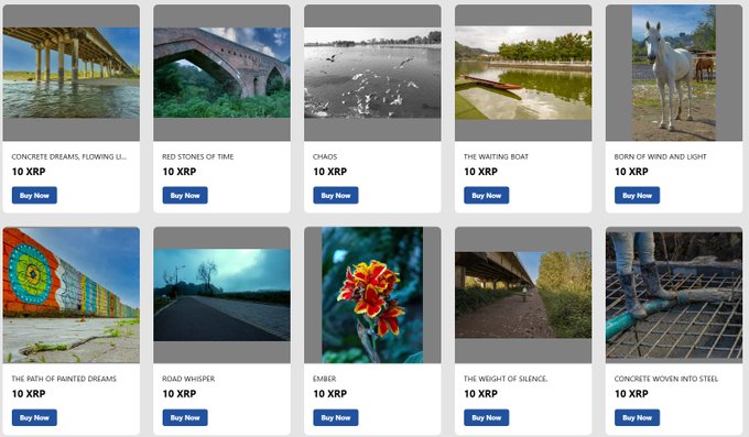 An NFT marketplace grid shows ten digital artworks priced at 10 XRP each, with titles like 'Concrete Dreams,' 'Chaos,' and 'Born of Wind and Light,' each with a 'Buy Now' button.