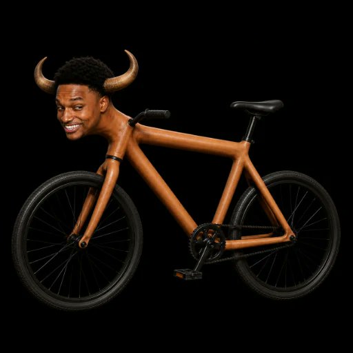 A humorous digital composite showing a smiling man's head with bull horns attached to an orange bicycle frame on a black background.