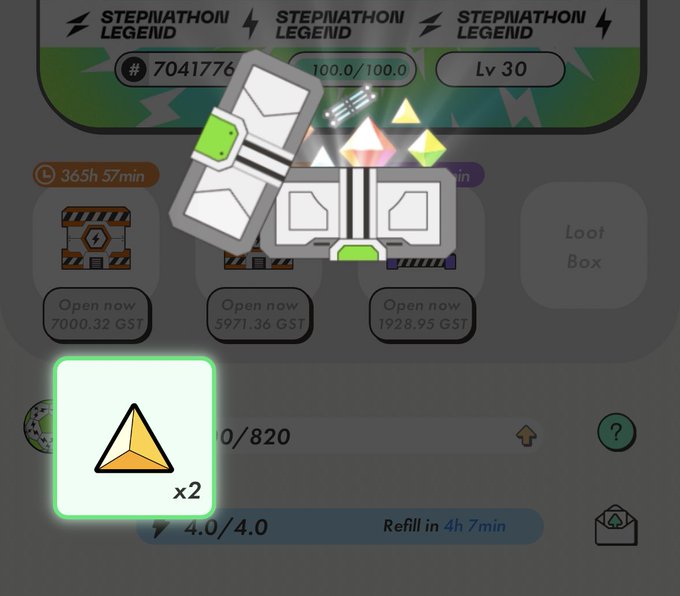 A STEPN Legend loot box interface shows an open chest revealing colorful gems alongside a 2x energy refill reward, with charging costs listed as 7000.32 GST, 5971.36 GST, and 1928.95 GST for the next level, highlighting the GST recharge expenses referenced in the post about charging being an issue.