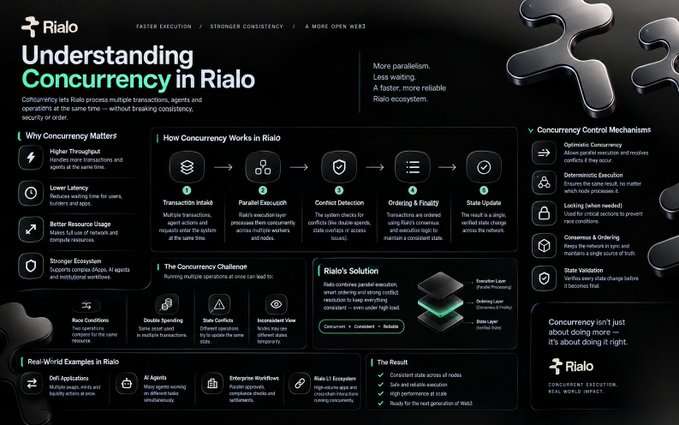 An infographic titled "Understanding Concurrency in Rialo" that explains how the Rialo process handles multiple transactions and agents at the same time, featuring sections on concurrency matters, challenges, and control mechanisms.