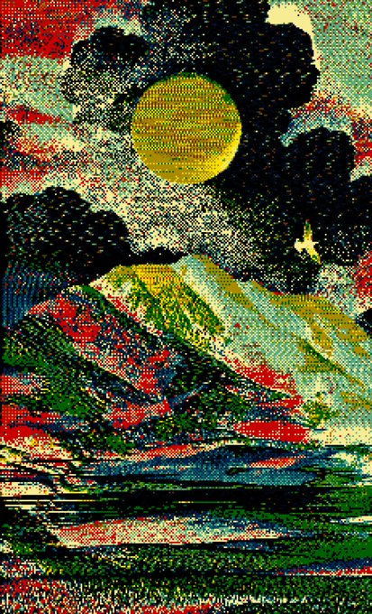 A pixelated, mosaic-style landscape depicts a mountain under a dramatic sky with a large yellow sun or moon and dark clouds.
