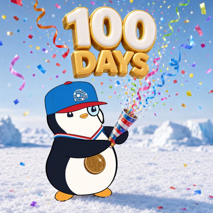 A cartoon penguin wearing a cap and glasses, holding a party popper, standing on snow with large gold '100 DAYS' balloons and confetti above.