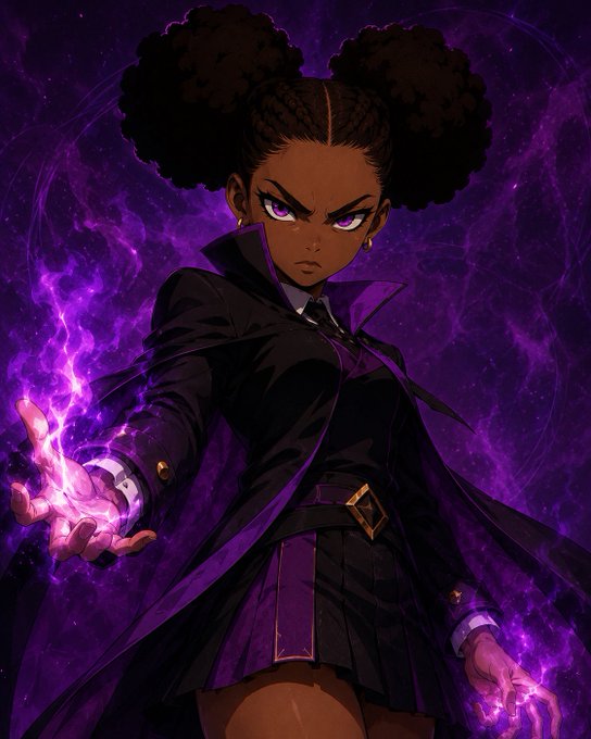 An anime-style illustration depicts a girl with purple eyes and twin afro puffs channeling purple magical energy from her hands against a cosmic background.
