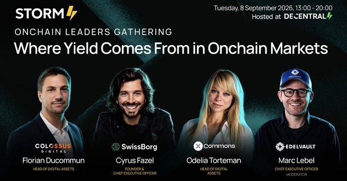 A promotional banner for the 'STORM Onchain Leaders Gathering' event on September 8, 2026, titled 'Where Yield Comes From in Onchain Markets' with speakers from Colosus Digital, SwissBorg, Commons, and Edelvault.