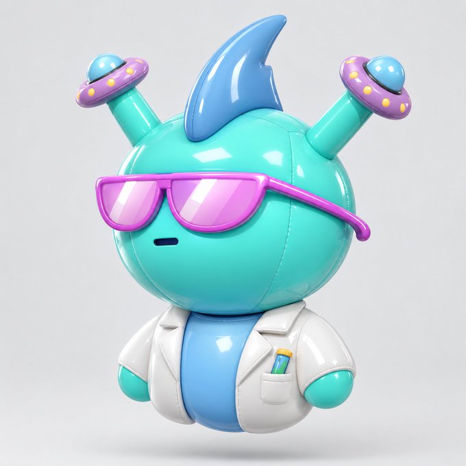 A 3D-rendered cartoon character of a teal creature with antennae topped with purple and yellow UFOs, wearing pink sunglasses and a white lab coat with a pen in the pocket.