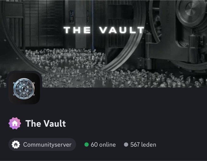 This Discord server, named "The Vault", features a safe door overflowing with diamonds and has 60 members online out of 567 total. The image directly represents the name and theme of the Discord community being promoted in the post.