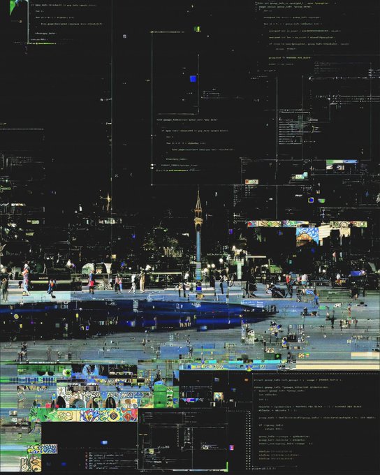 A heavily glitched, dark image showing a nighttime cityscape with people, overlaid with fragmented computer code and digital artifacts.