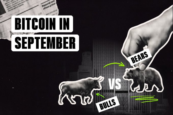 The image features a graphic titled "BITCOIN IN SEPTEMBER" depicting a bull ("BULLS") versus a bear ("BEARS") showdown against a city skyline backdrop, visually representing the tug-of-war between bullish and bearish arguments for Bitcoin's price action. It accompanies a post discussing Bitcoin's largest monthly gain closing right at a key trendline resistance, asking whether the bulls will break through or bears will fend off another failed rally attempt.