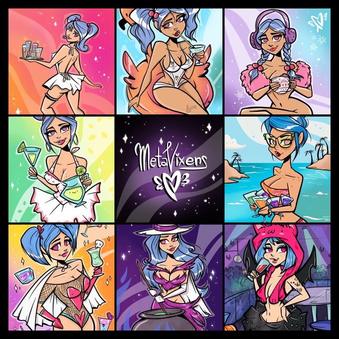 A grid of eight cartoon character portraits called 'MetaVixens' featuring anime-style women with blue hair in various themes including bartender, beach, witch, and devil costumes.