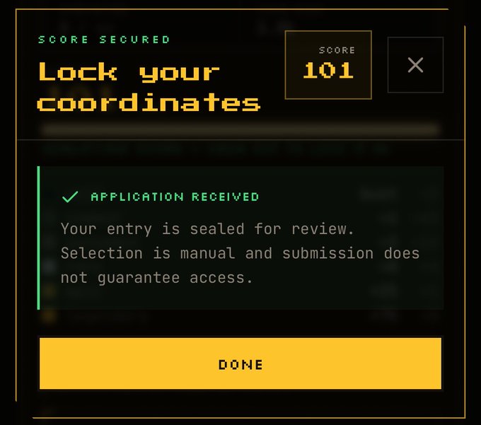 A digital interface displays 'SCORE SECURED' with the text 'Lock your coordinates' alongside a score of '101', confirming 'APPLICATION RECEIVED' with a yellow 'DONE' button.