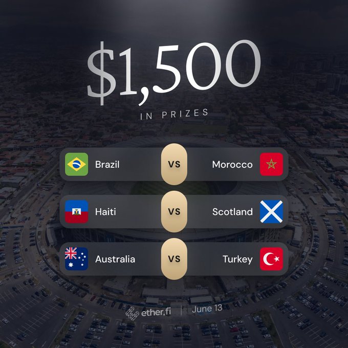 The image features a graphic displaying the top 5 teams of three countries, including Turkey, Fiji, Australia, and England, as the top picks for a soccer match. The other teams are highlighted with small icons below them. A caption at the bottom of the image reads "Every match day, drop your predictions on today' 'EtherFiWC26 is live. Every match day, drop your predictions on today' 'EtherFiWC27. The remaining days for this competition will be June 13".
