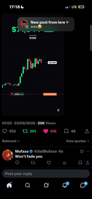 A social media screenshot showing a bullish SOL chart posted by 'lere', with a top reply from 'Mufasa' (@SolMufasa) saying 'Won't fade you'.