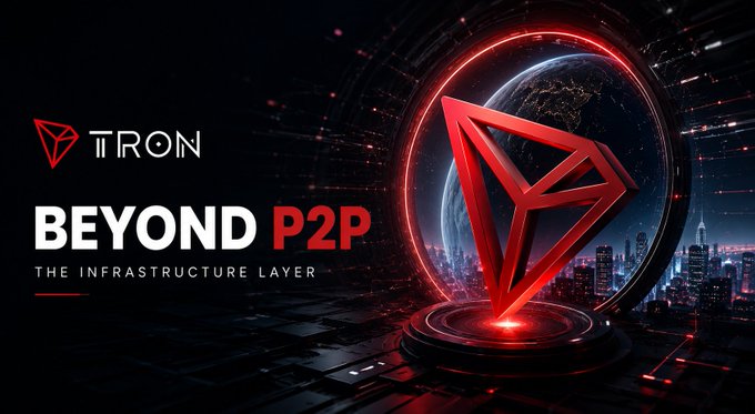 A promotional banner for TRON featuring its red triangular logo against a futuristic cityscape and globe, with the text "TRON: BEYOND P2P — THE INFRASTRUCTURE LAYER," visually emphasizing TRON's positioning as foundational blockchain infrastructure, which aligns with the post's argument about preparing blockchain networks for future cryptographic challenges like quantum computing.