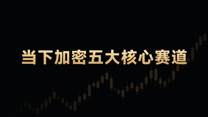 Chinese text '当下加密五大核心赛道' (Current Five Core Crypto Tracks) displayed in gold against a dark background with a subtle upward-trending candlestick chart pattern.