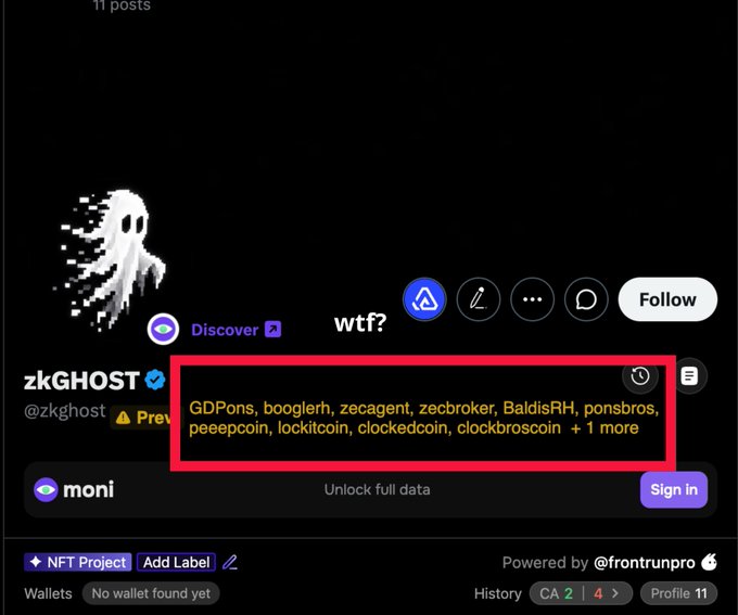 The image shows a Twitter/X profile page for "zkGHOST" (@zkghost), with a red box highlighting a list of changed usernames including "GDPons, booglerh, zecagent, zecbroker, BaldisRH, ponsbros, peeepcoin, lockitcoin, clockedcoin, clockbroscoin + 1 more." This supports the post's point about identifying scams, as the profile's history of frequent username changes (10 times) is flagged by AlphaGate as a red flag, while the current username "wtf?" further suggests suspicious activity by the broker.