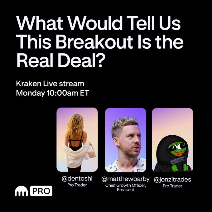 A promotional graphic for a Kraken Live stream features the headline "What Would Tell Us This Breakout Is the Real Deal?" scheduled for "Monday 10:00am ET," showcasing three speakers: Pro Trader @dentoshi, Chief Growth Officer @matthewbarby from Breakout, and Pro Trader @jonzitrades (depicted as a Pepe the Frog character holding a gun), with a Kraken Pro logo in the bottom left, aligning with the post's announcement of a live discussion on Bitcoin's rally back above $80K.