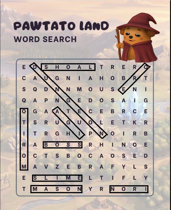 A 'Pawtato Land Word Search' puzzle featuring a cartoon potato character in a wizard hat, with words like SHOAL, BOSS, SLIME, MASON, and NOR highlighted.