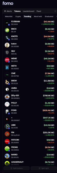 The image shows the Fomo app's "Trending" tokens tab displaying a leaderboard with entries like FLYBRAIN ($63.4M), BNCA ($6.4M), and KNOTS ($4.4M), sorted by various metrics including Market Cap and 1-hour volume changes. This directly illustrates the accompanying post's complaint that the trending list is inaccurate, as it fails to feature tokens like $STONK that are reportedly dominating actual on-chain volume through platforms like SF.
