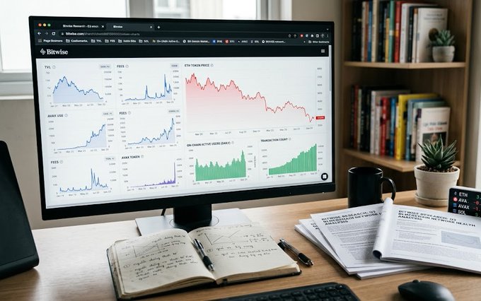 A desk setup featuring a large monitor displaying a Bitwise dashboard with various crypto price charts (ETH, AKAX), accompanied by an open notebook, pens, printed documents, and a bookshelf in the background.