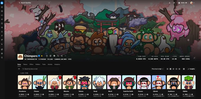 A screenshot of the Chimpers NFT collection page on a marketplace, showing floor price of 0.0532 ETH and a list of individual chimp character listings.