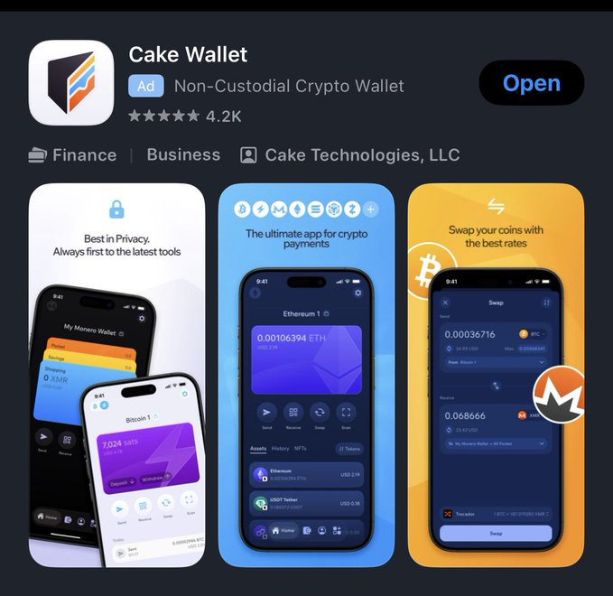 The image shows the Cake Wallet app listing on the App Store, featuring a 4.2K rating, "Non-Custodial Crypto Wallet" tagline, and preview screens highlighting privacy, crypto payments, and coin swapping features, which aligns with the post's recommendation to download Cake Wallet as a non-custodial solution for storing, buying, and selling crypto.