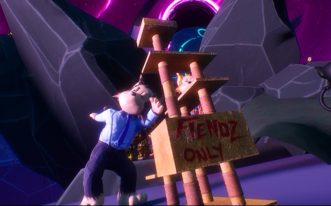 A 3D animated scene showing a small pig character in a blue shirt and tie standing near a cardboard sign that reads 'FRIENDZ ONLY', with another character peeking from behind it.
