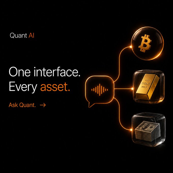 The image features a black background with three different objects, including a gold coin, a book, and a Bitcoin block. The text "Quant AI" is displayed above each object, indicating that these are related to cryptocurrency or blockchain technology. The objects are arranged in a way that suggests they are part of an interface for trading or investing in digital assets.