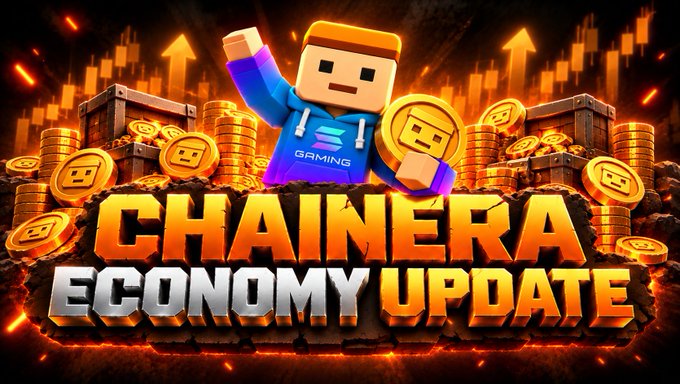 A promotional graphic for a 'CHAINERA ECONOMY UPDATE' featuring a blocky cartoon character in a blue hoodie standing amidst piles of gold coins against a fiery orange background.