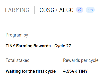 A screenshot of a farming interface showing 'COSG / ALGO v2 gov' and 'TINY Farming Rewards – Cycle 27' with 4.554K TINY rewards per cycle.
