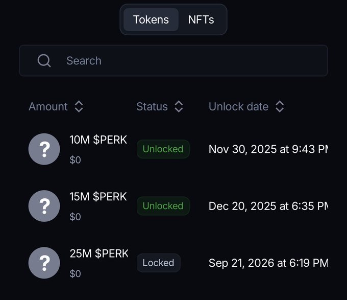 A dark-themed cryptocurrency or token tracker interface showing three entries for '$PERK': '10M $PERK' and '15M $PERK' marked as 'Unlocked' (Nov 30, 2025 and Dec 20, 2025), and '25M $PERK' marked as 'Locked' (Sep 21, 2026).