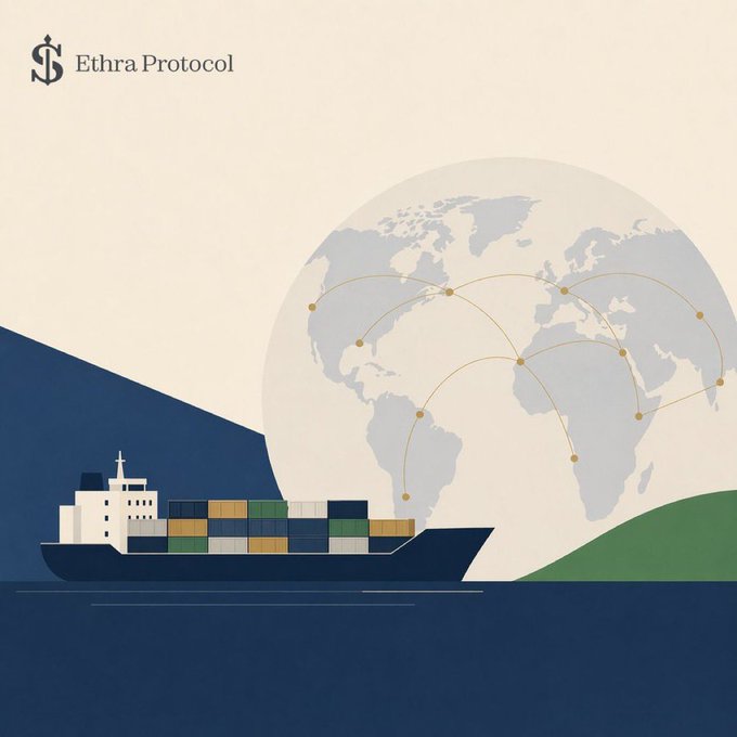 A stylized illustration for "Ethra Protocol" featuring a cargo ship loaded with shipping containers sailing past a translucent globe marked with interconnected trade routes across continents, visually reinforcing the post's point that real-world maritime shipping—not speculative crypto narratives—is the foundation of this RWA project.