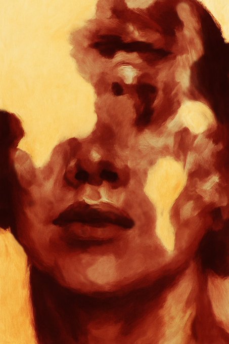 The image features a painting of a person's face with red paint, giving it an artistic and vibrant appearance. The painting is displayed against a gray background, which contrasts with the warm tones of the red color used for the portrait. The artist has chosen this color scheme to create a visually striking piece that captures attention.