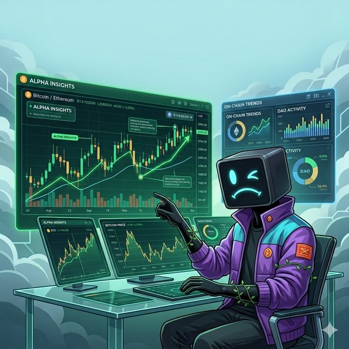 The image depicts a cartoon character sitting at a desk with various tech gadgets around him, such as two laptops positioned close together next to each other, and an AI monitoring system nearby displaying information about Bitcoin and Ethereum trends. The character has a sad expression on his face while analyzing these screens. There are also a few chairs in the scene and a TV located further back near the top-right corner of the image. The post discussing the market features several indicators related to Bitcoin, Altcoins, and the real world utility of AI systems for investing purposes. One notable aspect is that the character appears to be holding on to Bitcoin in this market as its value stabilizes between $63k - $65k within a specific range.