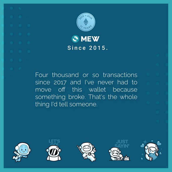 MyEtherWallet (MEW) promotional graphic marking 11 years (2015-2026) with a testimonial reading 'Four thousand or so transactions since 2017 and I've never had to move off this wallet...'