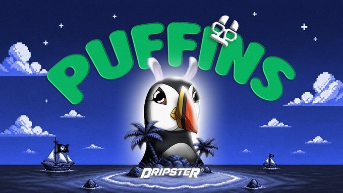 A pixel-art style promotional image for "Puffins" features a cartoon puffin character perched on a small island with palm trees, set against a starry night sky with a pirate ship in the background, while the "Dripster" logo appears below, matching the post's announcement about securing whitelist spots for the Puffins project and giving away one guaranteed whitelist spot to a lucky community member.