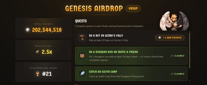 A 'Genesis Airdrop' interface for $RSGP showing a total of 202,544,518 points, a 2.5x multiplier, leaderboard rank #21, and quests like 'Do a Bet on Gizmo's Folly' (+1,000 Points), 'Do a Dungeon Run or Invite a Friend' (Claimed), and 'Catch an Icefin Carp' (Claimed).