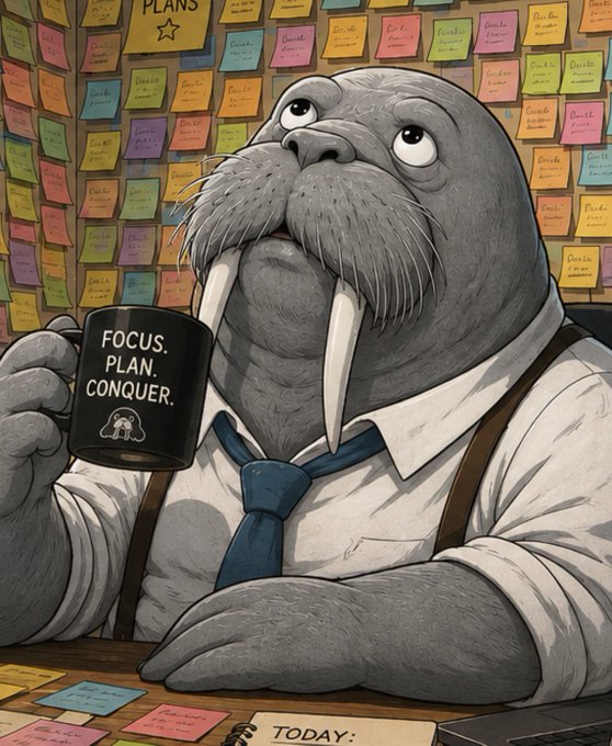 An illustrated walrus in a shirt and tie holds a black mug reading 'FOCUS. PLAN. CONQUER.' while sitting at a desk covered with colorful sticky notes under a 'PLANS' header.