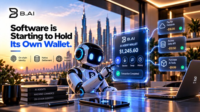 A promotional graphic for B.AI featuring the tagline 'Software is Starting to Hold Its Own Wallet,' depicting a robot interacting with an 'AI AGENT WALLET' showing a balance of $1,245.60 and transactions including 'Pay for Compute -$18.00', 'Access Data API -$12.50', and 'Purchase AI Tools -$9.99'.