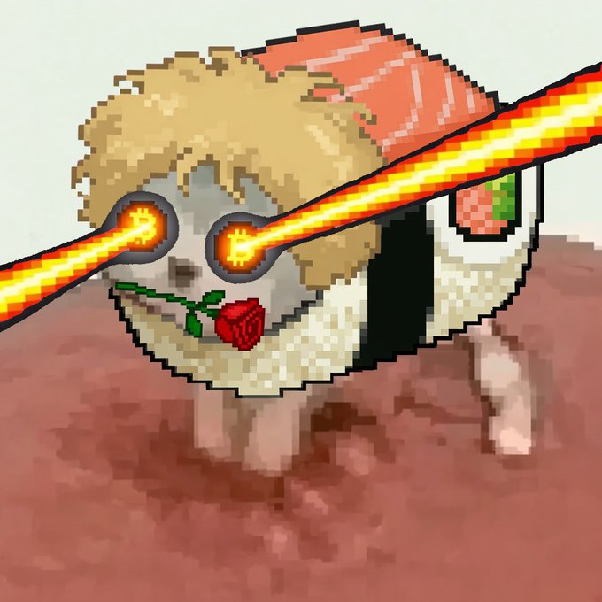 A pixel art illustration depicts a roasted turkey with a rose in its mouth shooting bright laser beams from its eyes, sitting on a red surface.