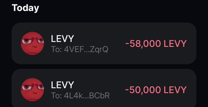 The image shows a transaction history displaying two LEVY token transfers sent out today, totaling -108,000 LEVY (-58,000 and -50,000) to different addresses. This supports the post's claim of an ongoing LEVY giveaway, with the user distributing tokens from their wallet to recipients' Solana addresses.