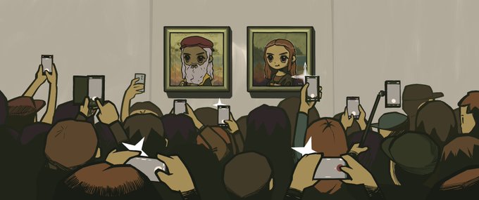 A cartoon crowd of people hold up smartphones and tablets to photograph or film two framed parody portraits on a wall—a cow styled as the Mona Lisa and a bull resembling the Mona Lisa alongside a small cow figure—evoking the viral "Moona Lisa" and "Leonardio da Vincio" NFT collection mentioned in the post.