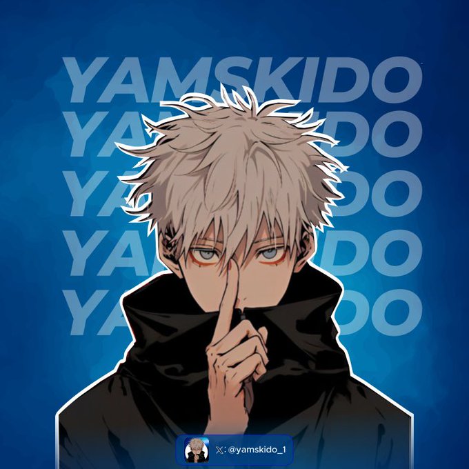 An anime-style illustration shows a character with spiky white hair making a 'shushing' gesture with his finger to his lips, with 'YAMSKIDO' repeated in the blue background and an X (Twitter) handle @yamskido_1.
