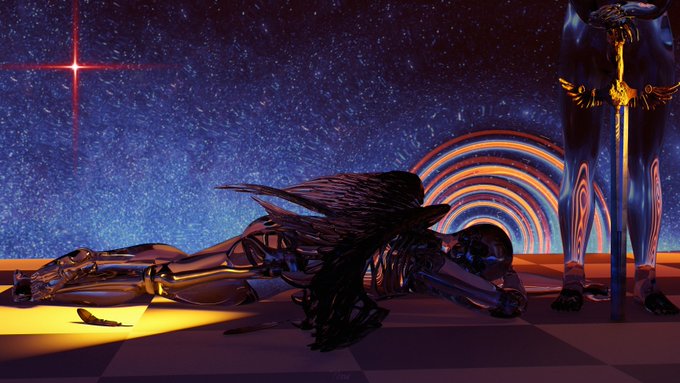 A stylized sci-fi anime artwork depicting a defeated warrior with dark wings lying on the ground while another armored figure stands nearby holding a glowing sword, set against a starry space backdrop.