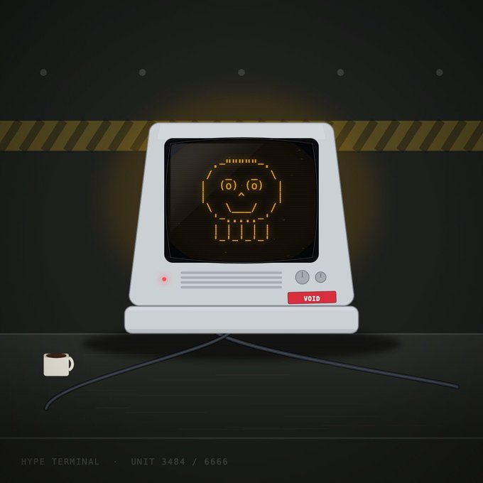 A retro-style illustration features a vintage white computer monitor displaying a pixelated smiling face on an orange screen, set against a dark background with yellow caution stripes, accompanied by a small coffee mug and a "VOTD" sticker. Text at the bottom reads "HYPE TERMINAL · UNIT 3484 / 6666," suggesting the image serves as promotional artwork for the "Hype Terminal" NFT collection linked in the post, which notes it has sold out on OpenSea.