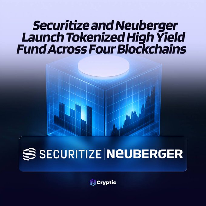 The image is a promotional graphic announcing "Securitize and Neuberger Launch Tokenized High Yield Fund Across Four Blockchains," featuring a glowing blue 3D cube with financial chart visualizations and the Securitize and Neuberger logos. The graphic visually reinforces the post's news about the launch of HINC, a tokenized high-yield fund by Securitize and Neuberger Berman, available across Avalanche, Ethereum, Solana, and Sui blockchains.