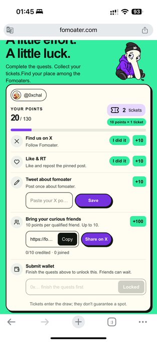 A screenshot of a Fomoater.com webpage titled 'A little effort. A little luck.' showing a quest-based reward system for the @0xchai account with 20/130 points and 2 tickets earned.