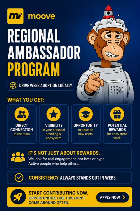 The image features a cartoon monkey wearing a space suit and pointing towards the text "Regional Ambassador Program" written at the top of the poster. The monkey appears to be giving directions or instructions, possibly related to the program's objectives. The poster also includes various icons representing different aspects of the program, such as driving Web3 adoption locally, connecting with people through personal branding, and providing opportunities for users who are interested in joining the team.