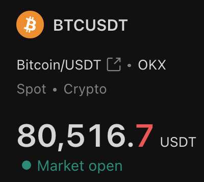 A trading interface displaying Bitcoin/USDT (BTCUSDT) on OKX spot market at 80,516.7 USDT, marked with 'Market open'.