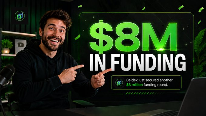 A man in a black hoodie excitedly pointing at a graphic displaying '$8M IN FUNDING', with text reading 'Beldex just secured another $8 million funding round.'